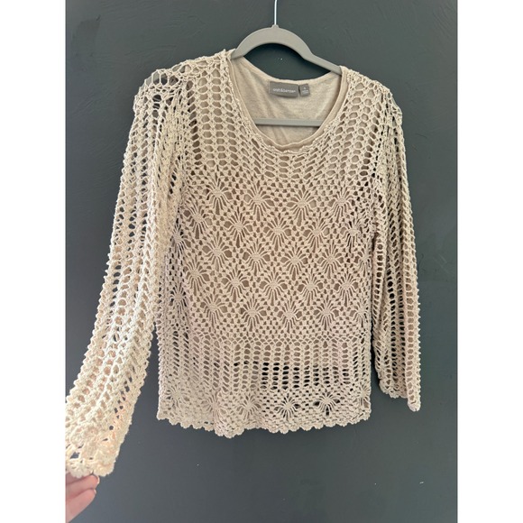 croft & barrow Sweaters - Croft & Barrow Cottage Small Beige Crochet Knit Lined Sweater Scalloped Hem Tan